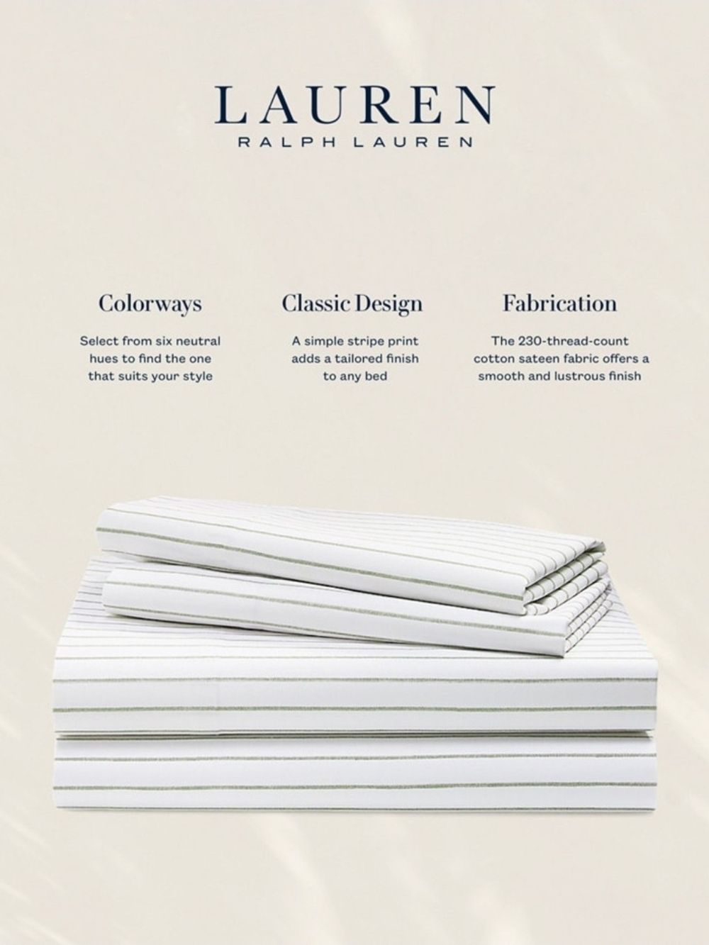 California King - Lauren Ralph Lauren White and Sage Striped Cotton Sheets